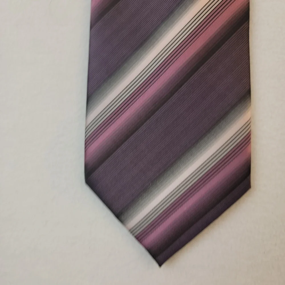 Van Heusen Mens Necktie Purple Grey Black Diagonal Striped Polyester Tie Handmad